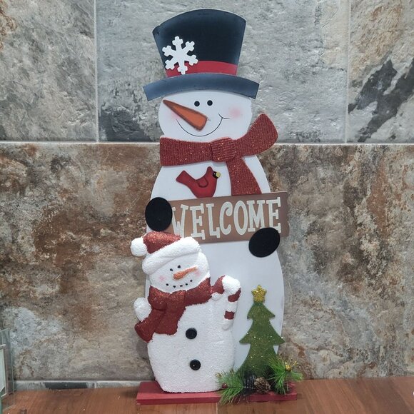 Welcome Front Door Sign Christmas Decor Wooden Welcome Snowman Hand Painted - Picture 1 of 9